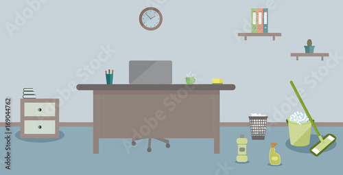 Cleaning in the office on a blue background. Vector illustration. Table, clock, chair, green bucket, MOP and sponge. Ideal for advertising, design sites and magazines 
