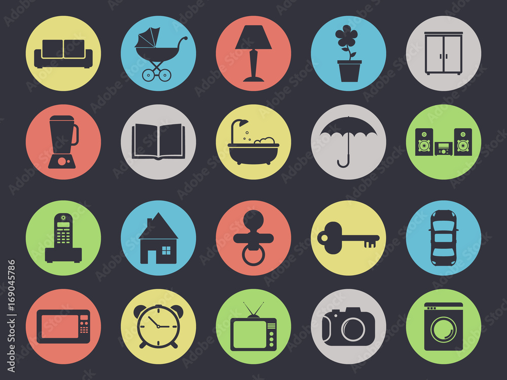 Household appliances and furniture icon set isolated on black background Household appliances and furniture icon set isolated on black background