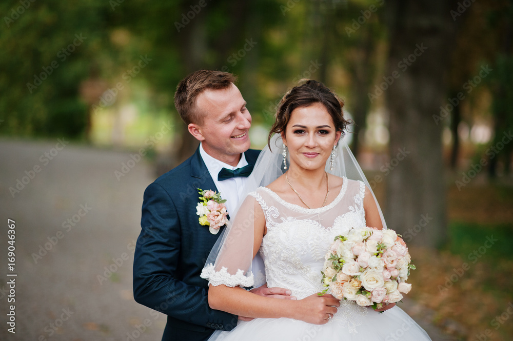 Good-looking newly married couple walking and enjoying each other's company in the park on a bright and sunny wedding day. Good-looking newly married couple walking and enjoying each other's company in the park on a bright and sunny wedding day.