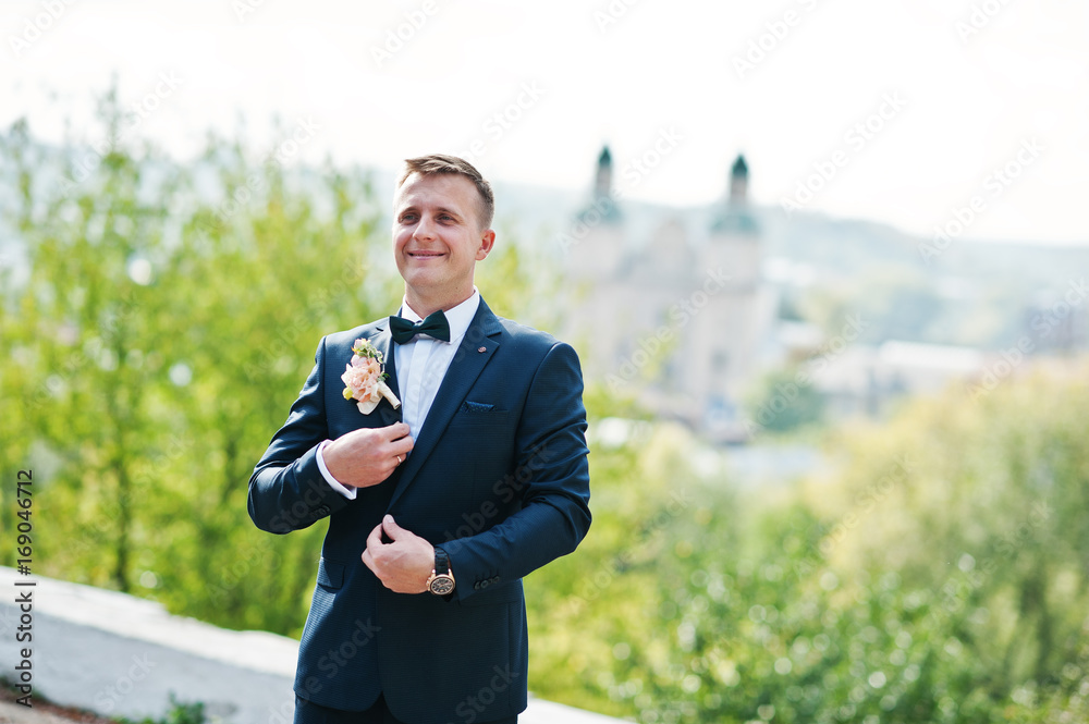 Portrait of a stunning young groom posing on his wedding day on his own. Portrait of a stunning young groom posing on his wedding day on his own.
