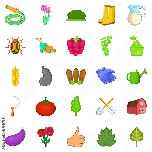 Green garden icons set, cartoon style