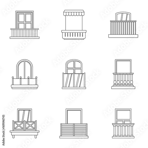 House balcony icon set, outline style