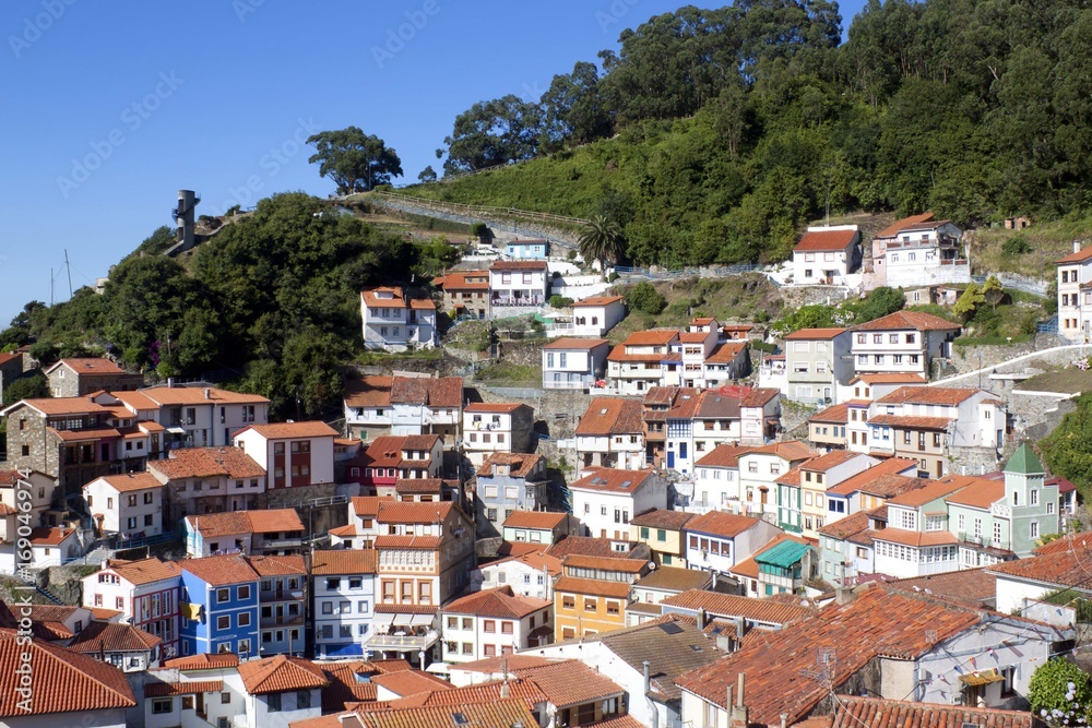view of the hill full of houses in Cudillero between trees, Spain