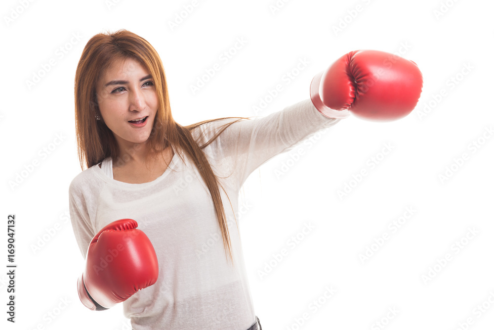 Young Asian woman with red boxing gloves. Young Asian woman with red boxing gloves.