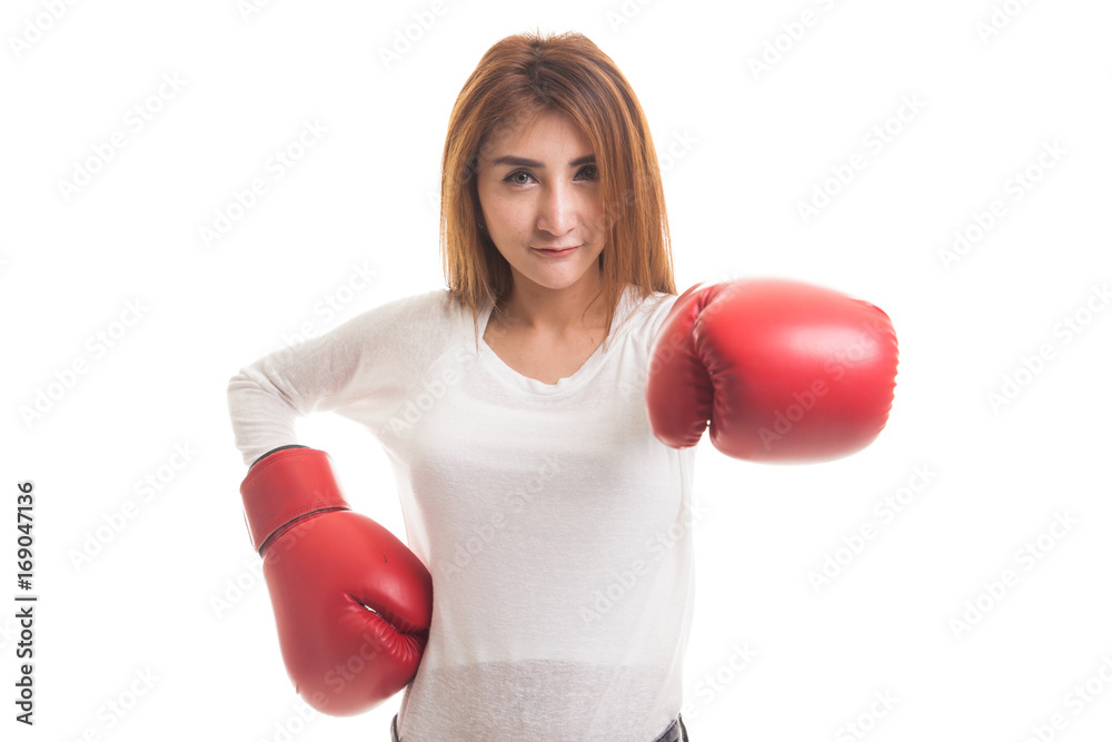 Young Asian woman with red boxing gloves. Young Asian woman with red boxing gloves.