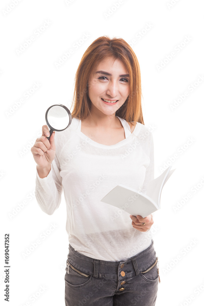 Asian woman with a book and magnifying glass. Asian woman with a book and magnifying glass.