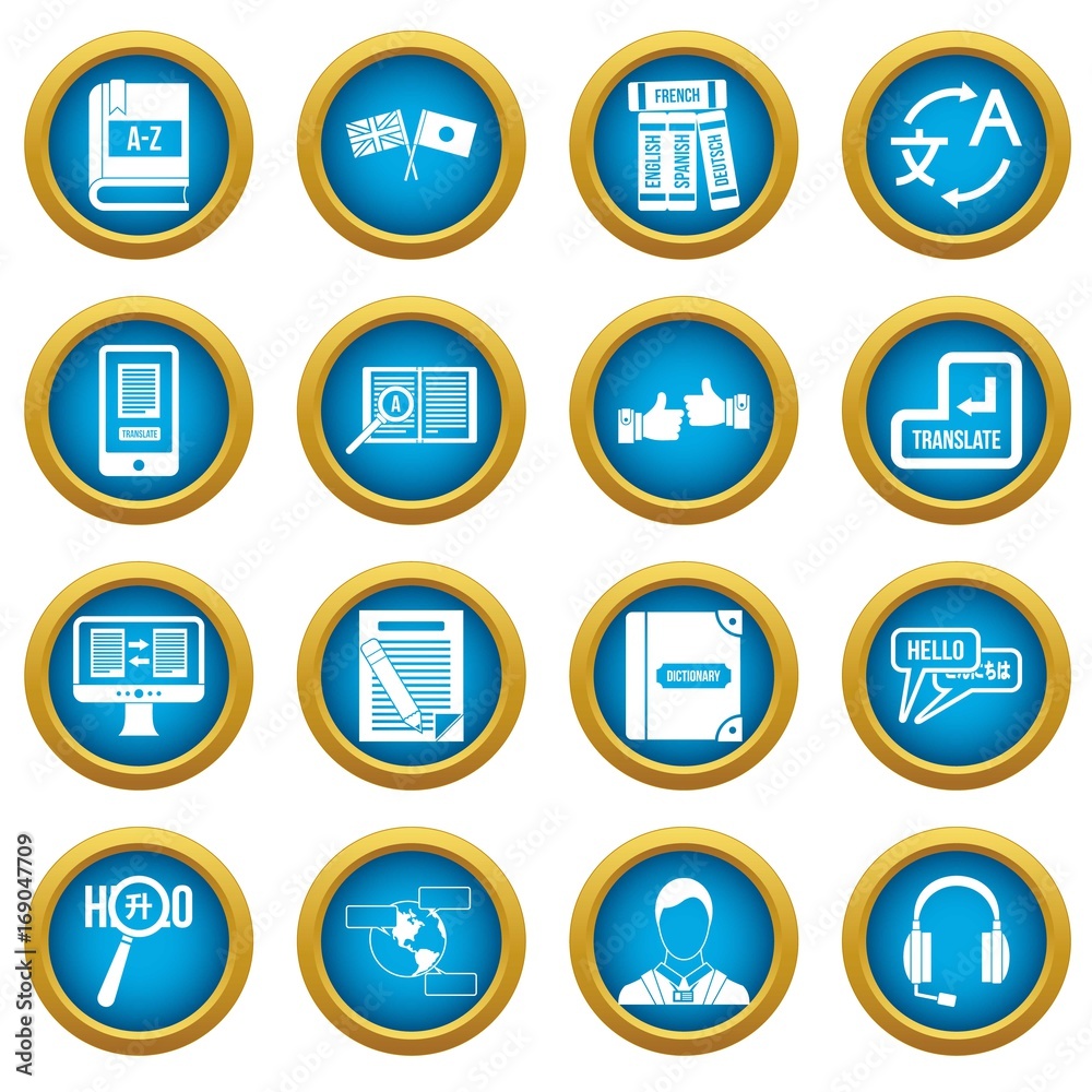 Learning foreign languages icons blue circle set Learning foreign languages icons blue circle set