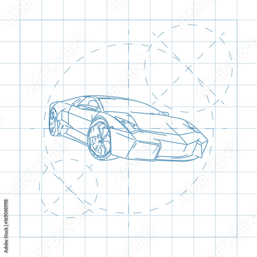The design of the car drawing on a white background, blue print vector illustration.
