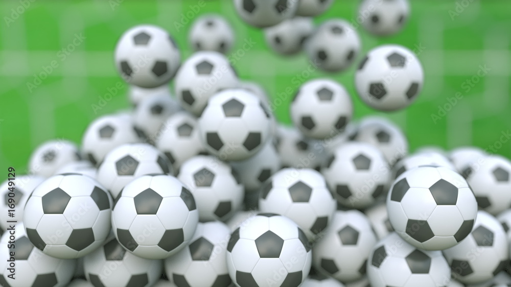 Falling football balls against green field background. 3D rendering Falling football balls against green field background. 3D rendering