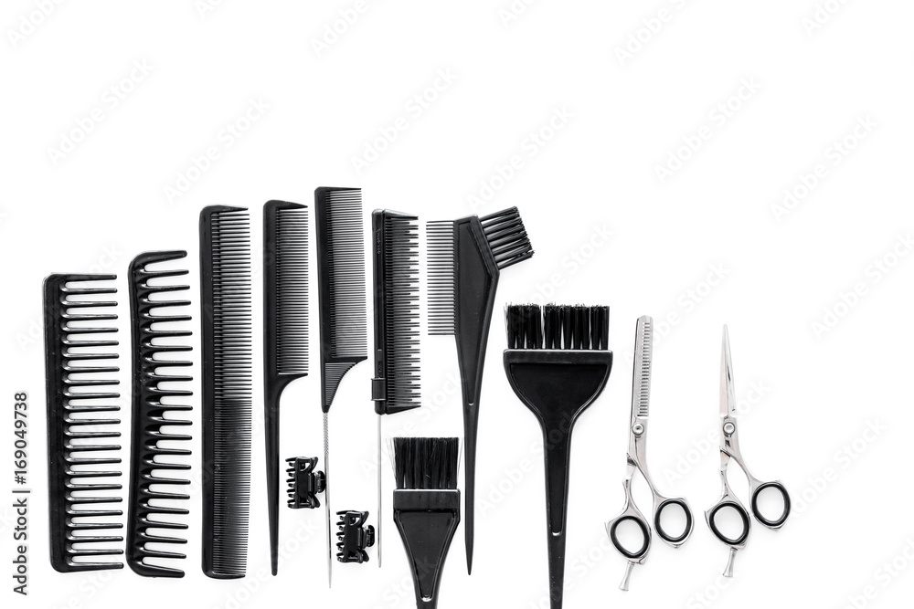 hairdresser working desk with tools for hair styling on white desk background top view mock up hairdresser working desk with tools for hair styling on white desk background top view mock up