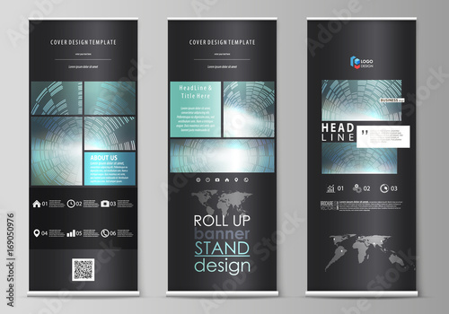 Set of roll up banner stands, flat design templates, abstract business concept, corporate vertical vector flyers, flag layouts. Technology background in geometric style made from circles.