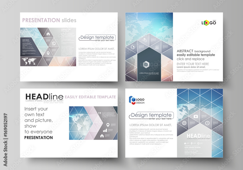 The minimalistic abstract vector illustration of the editable layout of the presentation slides design business templates. Polygonal geometric linear texture. Global network, dig data concept.