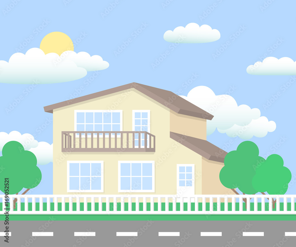Suburban street vector. Cottage and landscape.