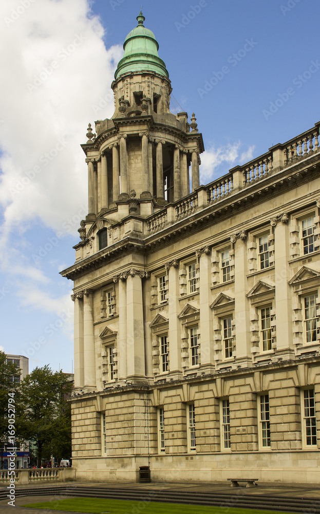 The North East corner tower of the impressive Belfast City Hall in Belfast Northern Ireland is a fine example of  Baroque Revival Architecture