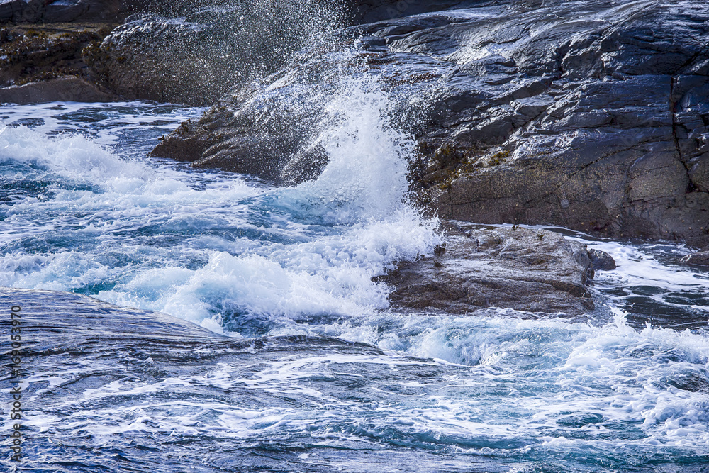 Roaring Ocean Waves on Lofoten Stony Islands Shore Line During Beginning of Spring