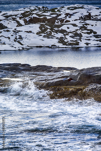 Roaring Ocean Waves on Lofoten Islands Shore Line During Beginning of Spring.