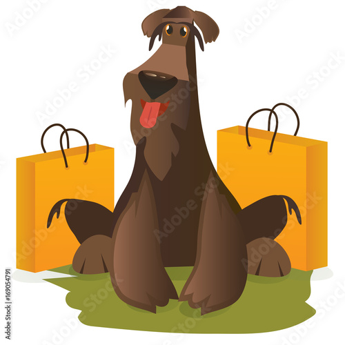 Dog with paper shopping bags  cartoon vector illustration. Great for sale promotions materials.