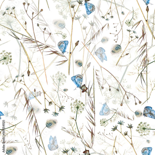 Watercolor floral seamless pattern with wildflowers and blue butterflies on white background. For cover, wrapping paper, textile and over design.  © Maria Luzi