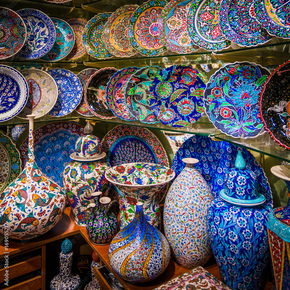 Turkish ceramics on sale at the Grand Bazaar in Istanbul, Turkey. Traditional Turkish ceramics Turkish ceramics on sale at the Grand Bazaar in Istanbul, Turkey. Traditional Turkish ceramics
