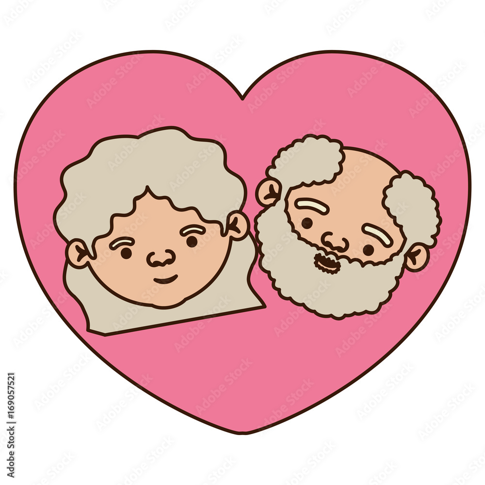 color pink heart shape greeting card with caricature face of grandfather with beard and grandmother with wavy hair color pink heart shape greeting card with caricature face of grandfather with beard and grandmother with wavy hair