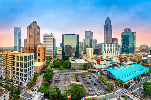 Aerial view of Charlotte, NC skyline on a foggy afternoon