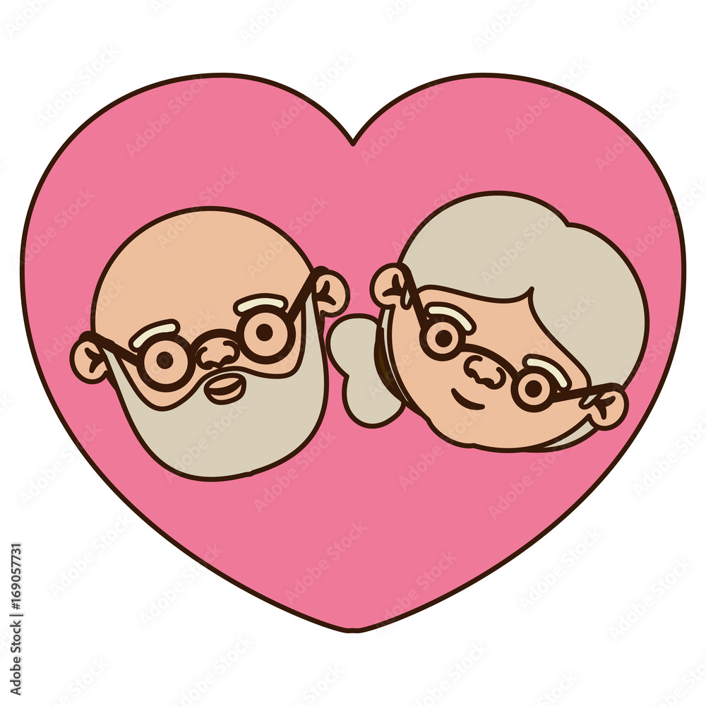color pink heart shape greeting card with caricature face of bald grandfather with beard and grandmother with side collected hair color pink heart shape greeting card with caricature face of bald grandfather with beard and grandmother with side collected hair