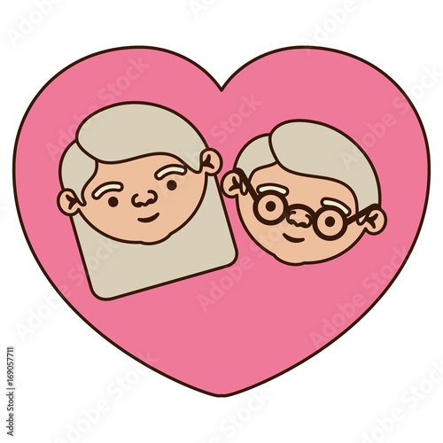 color pink heart shape greeting card with caricature face of grandfather with glasses and grandmother with straight medium hair