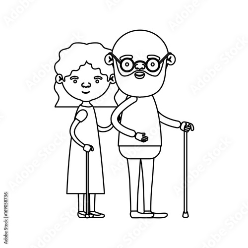 sketch silhouette full body couple elderly in walking stick of grandmother with wavy hair in dress and bald bearded grandfather with glasses © grgroup