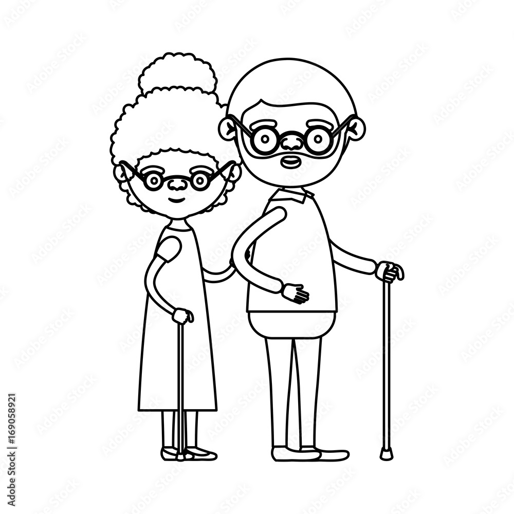 sketch silhouette full body couple elderly in walking stick of grandmother with curly collected hair in dress and grandfather with beard and glasses sketch silhouette full body couple elderly in walking stick of grandmother with curly collected hair in dress and grandfather with beard and glasses