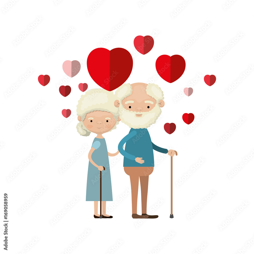 colorful caricature full body elderly couple embraced with floating hearts bearded grandfather in walking stick and grandmother with bun hair colorful caricature full body elderly couple embraced with floating hearts bearded grandfather in walking stick and grandmother with bun hair