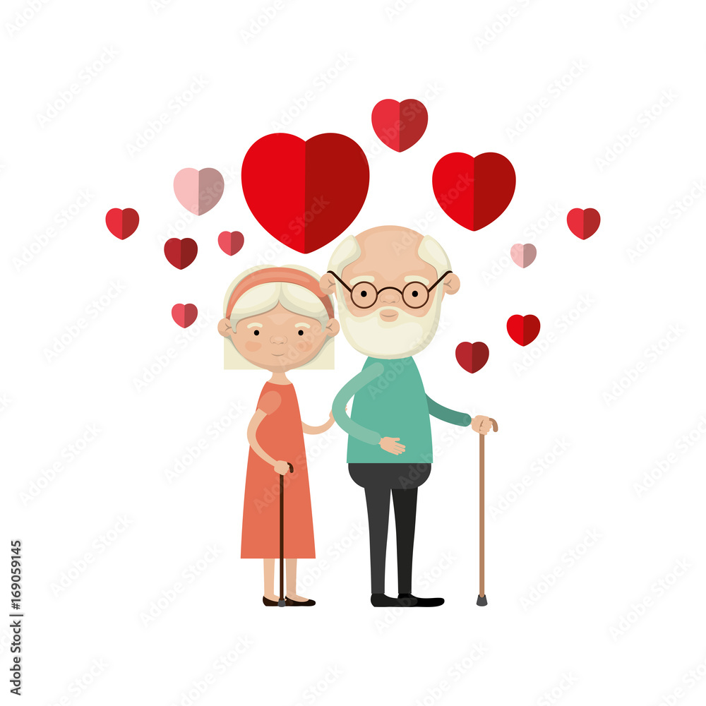 colorful caricature full body elderly couple embraced with floating hearts beard grandfather in walking stick and grandmother with bow lace and short hair colorful caricature full body elderly couple embraced with floating hearts beard grandfather in walking stick and grandmother with bow lace and short hair
