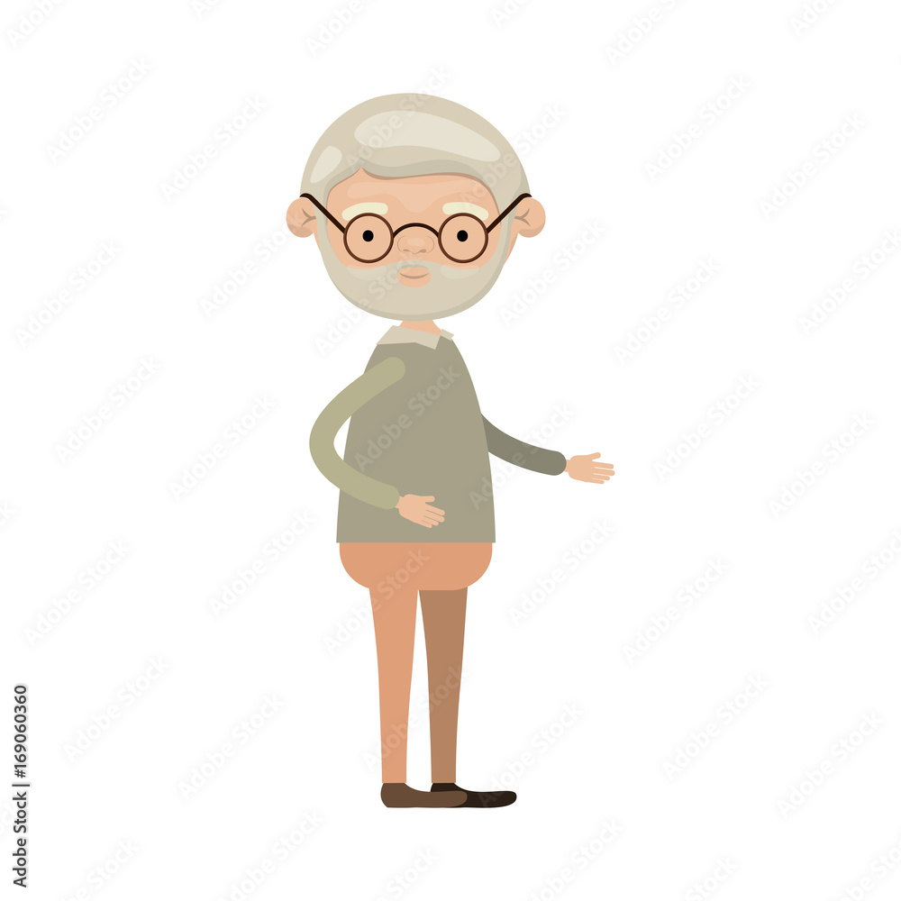 colorful full body bearded elderly man in clothes with glasses