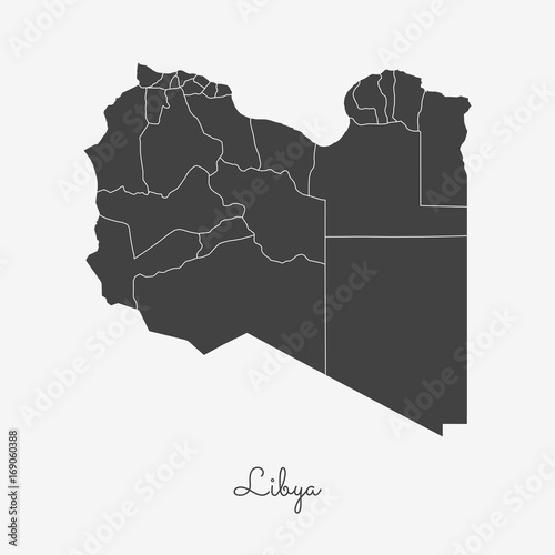 Libya region map: grey outline on white background. Detailed map of Libya regions. Vector illustration.