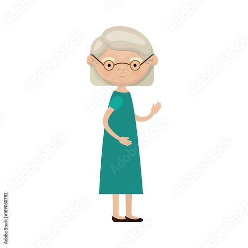colorful full body elderly woman in dress with short hairstyle and glasses