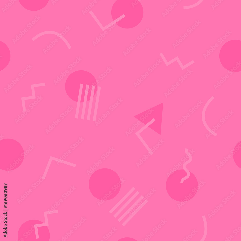 Seamless pattern with 80s memphis geometics style and single tone colors
