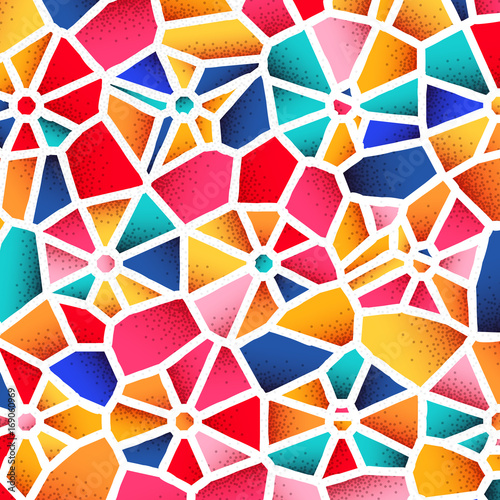 Abstract background with vibrant colors and retro styled vintage dotwork gradients on voronoi grid tiles