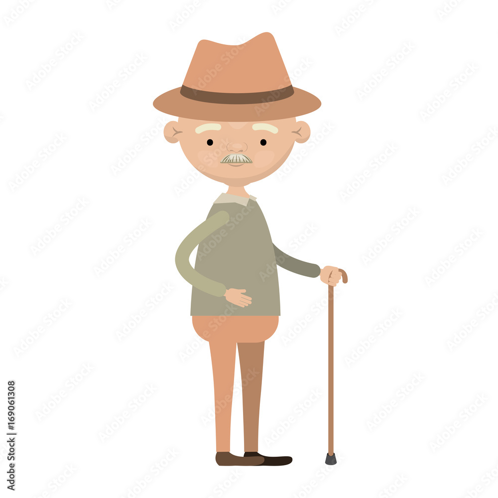 colorful full body grandfather in walking stick with moustache