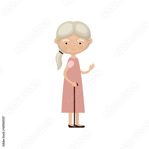 colorful full body elderly woman in walking stick with dress and ponytail side hairstyle