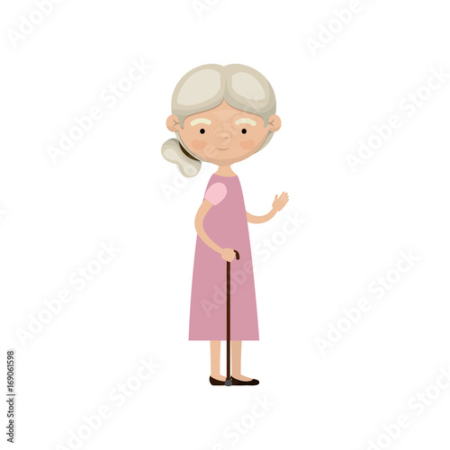 colorful full body elderly woman in walking stick with dress and side collected hairstyle