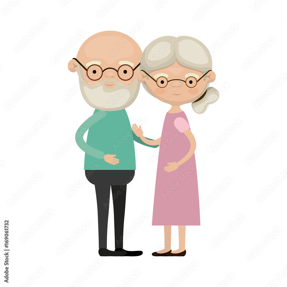 colorful full body elderly couple embraced bald grandfather with beard and glasses and grandmother collected side hairstyle in dress colorful full body elderly couple embraced bald grandfather with beard and glasses and grandmother collected side hairstyle in dress