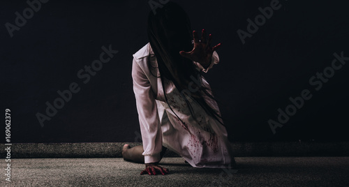 Принти на полотні Zombie woman death characters the ghost in old ruin house with hand blood skin i