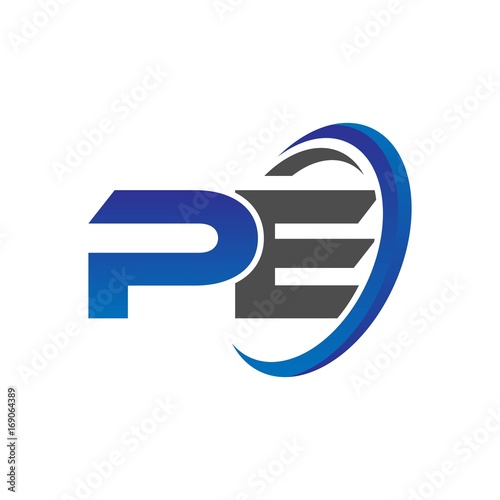 vector initial logo letters pe with circle swoosh blue gray