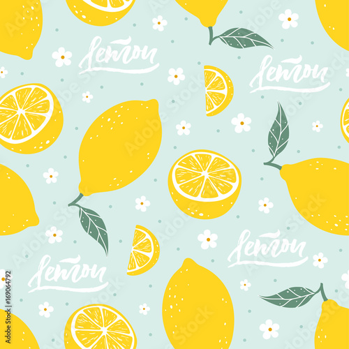 Lemon seamless pattern with lettering on blue background. Vector illustration