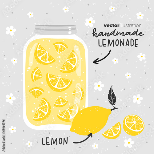 Lemonade with lemons in glass jar. Vector illustration.