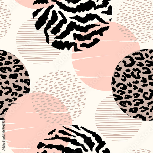 Abstract geometric seamless pattern with animal print and circles.