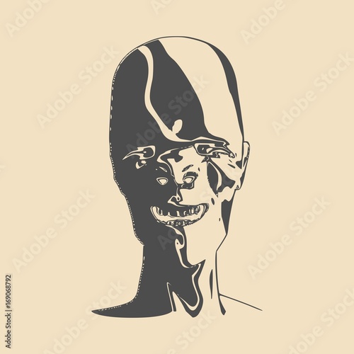 Demonic ugly face. Devil scream character. Demon or monster screaming with in an open mouth as a front view horror face. . Head textured by curved stripes