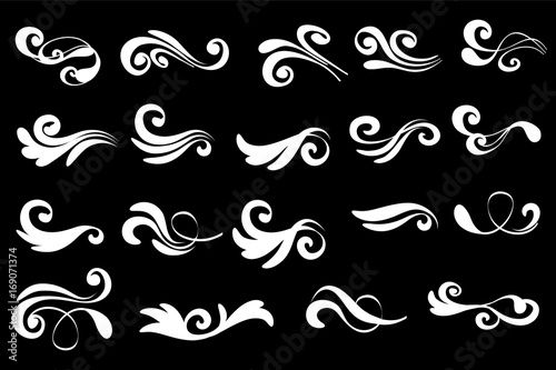 Swirly line curl patterns isolated on black background. Vector flourish vintage embellishments for greeting cards. Collection of filigree frame decoration illustration