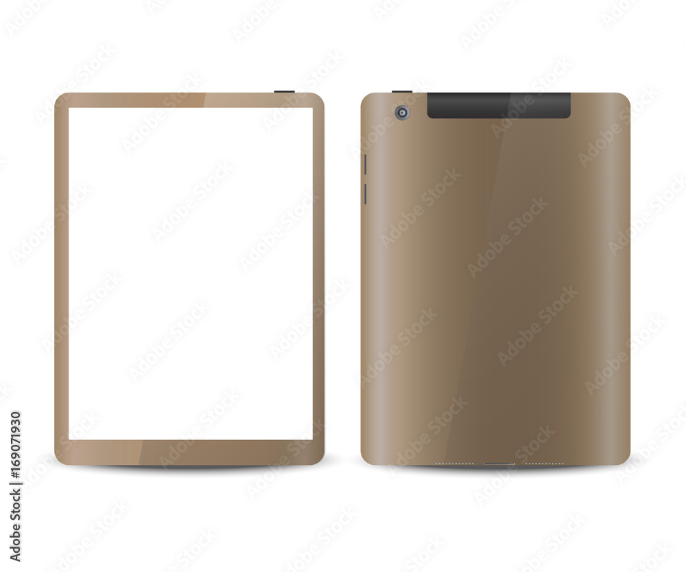 Golden realistic tablet with white screen on white background vector. Realistic tablet from different sides Golden realistic tablet with white screen on white background vector. Realistic tablet from different sides