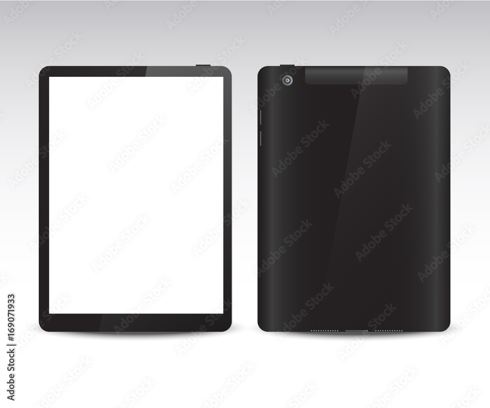 Golden realistic tablet with white screen on white background vector. Realistic tablet from different sides Golden realistic tablet with white screen on white background vector. Realistic tablet from different sides