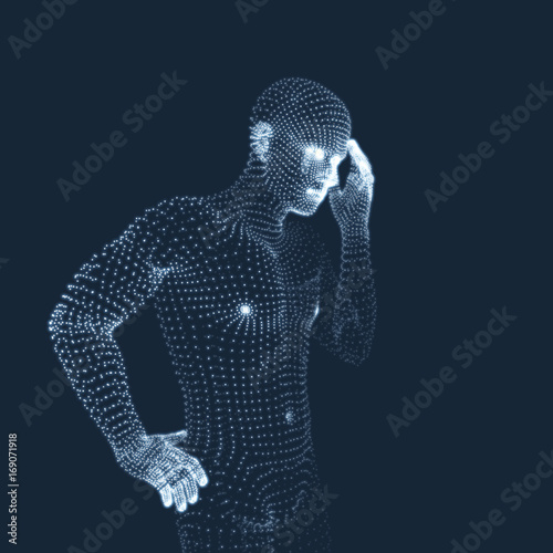 Man in a Thinker Pose. 3D Model of Man. Geometric Design. Business, Science, Psychology or Philosophy Vector Illustration. © Login
